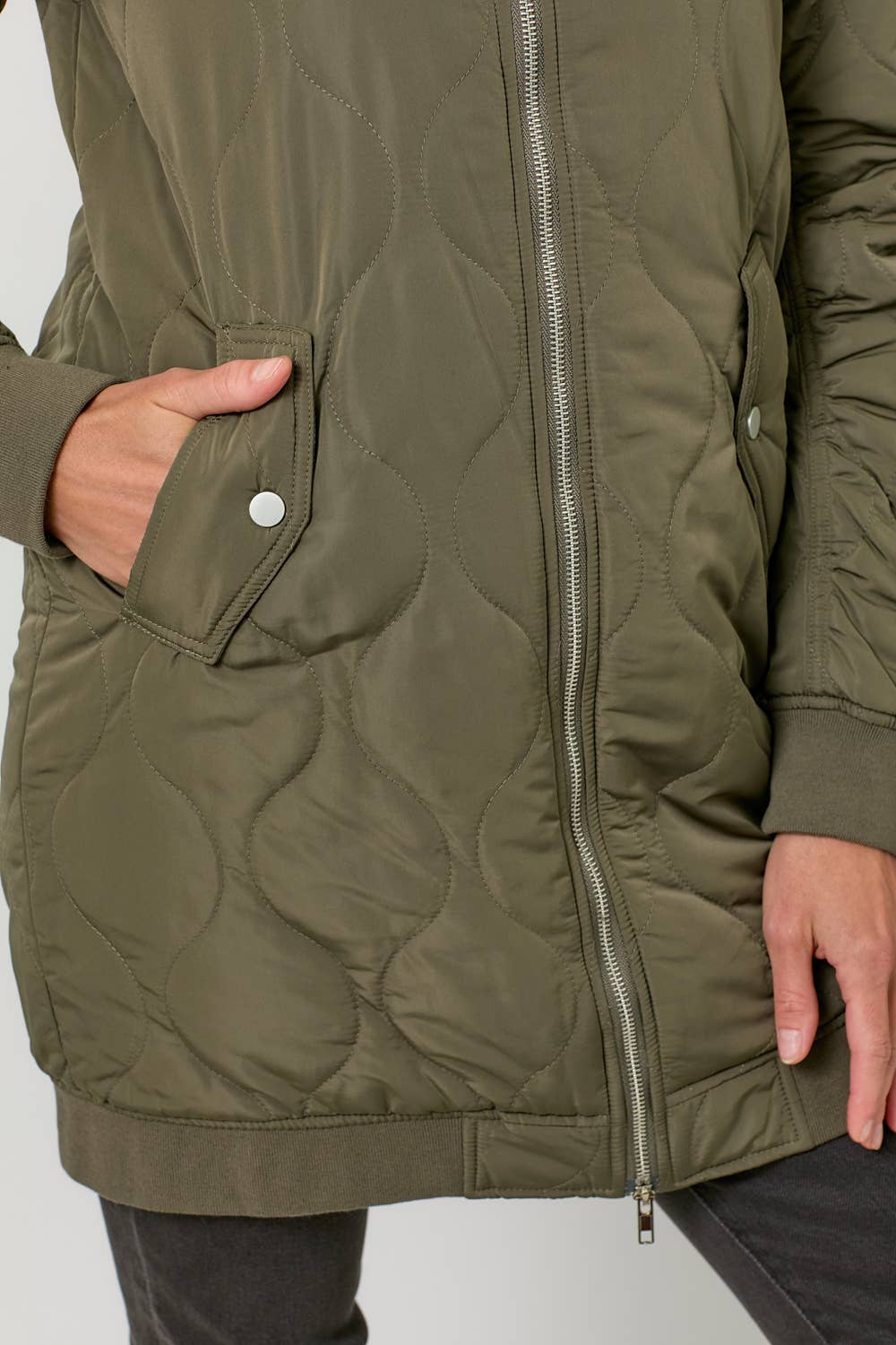 Olive Quilted Long Bomber Jacket - Purpose + Passion Boutique