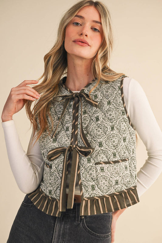 Olive Quilted Ruffle Trim Vest - Purpose + Passion Boutique