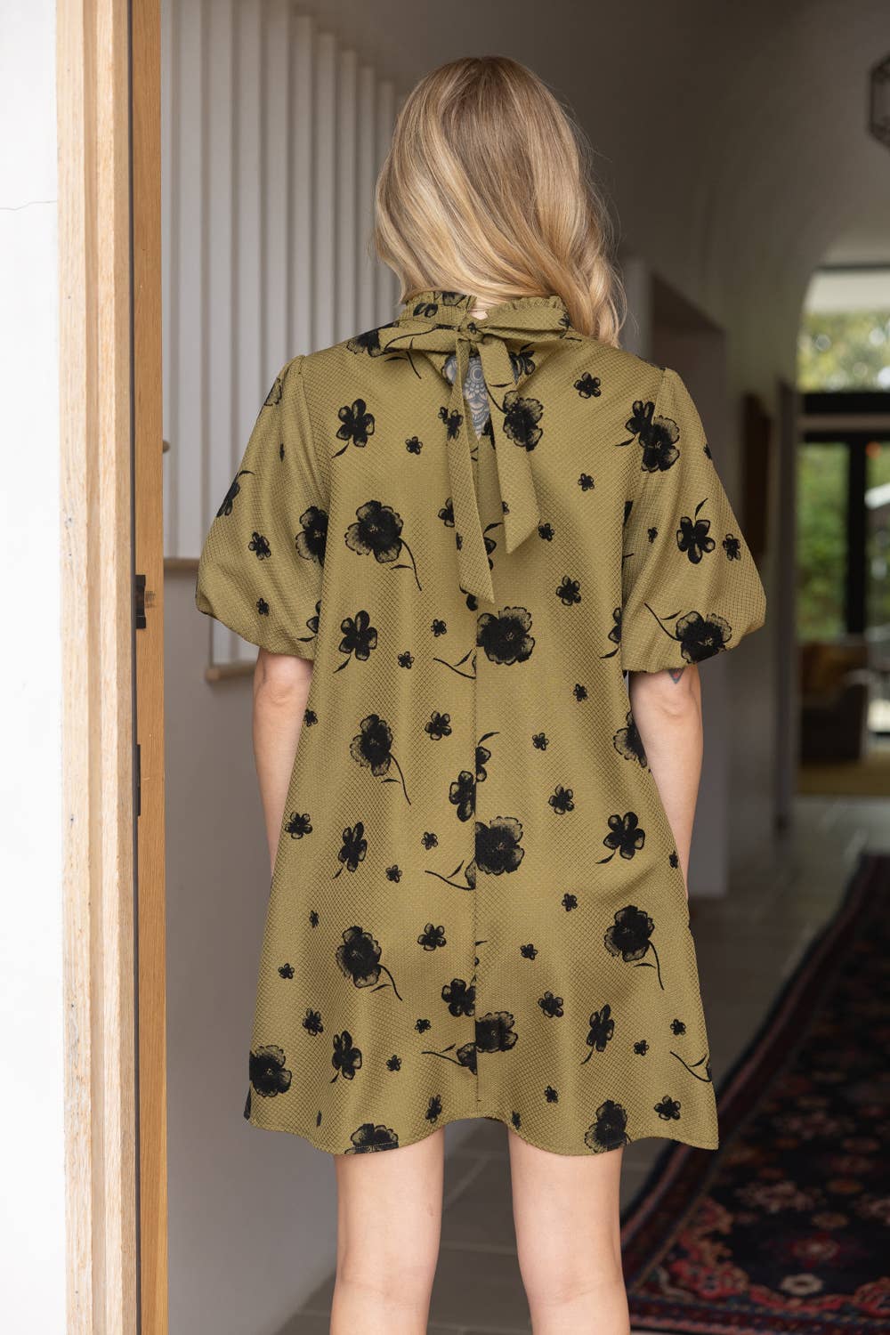 Olive Ruffled Neckline with Self Tie Floral Dress - Purpose + Passion Boutique