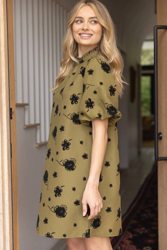 Olive Ruffled Neckline with Self Tie Floral Dress - Purpose + Passion Boutique