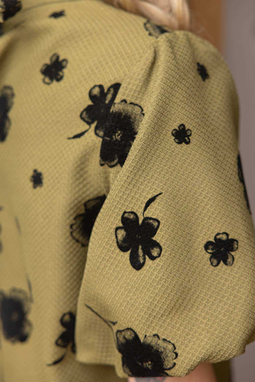 Olive Ruffled Neckline with Self Tie Floral Dress - Purpose + Passion Boutique