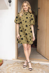 Olive Ruffled Neckline with Self Tie Floral Dress - Purpose + Passion Boutique