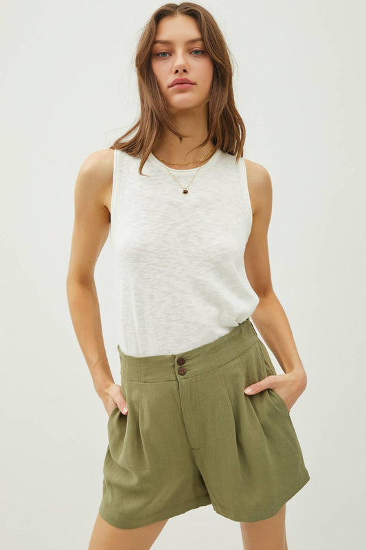 Olive Wooden Button Pleated Linen Shorts - Purpose + Passion Boutique