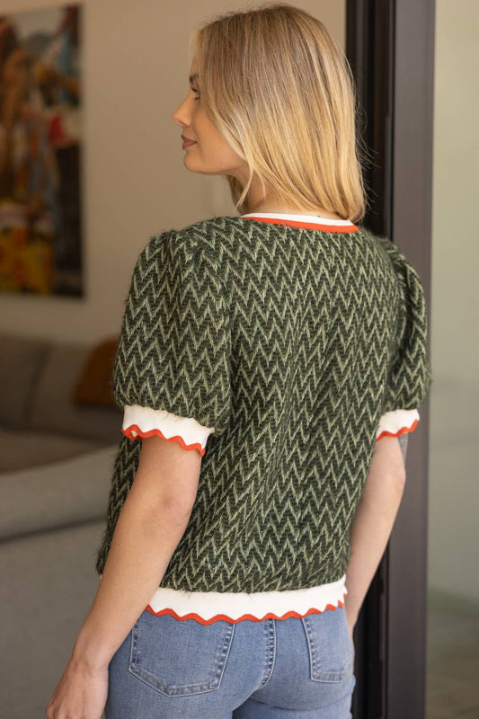 Olive Zigzag Fuzzy Textured with Striped Elastic Banded Top - Purpose + Passion Boutique