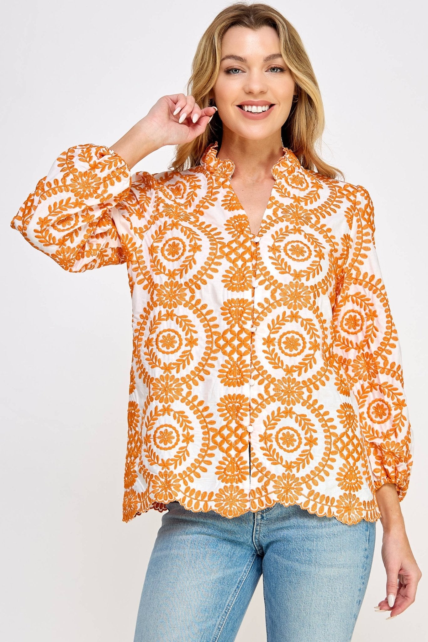 Orange Circle Embroidered Blouse - Purpose + Passion Boutique