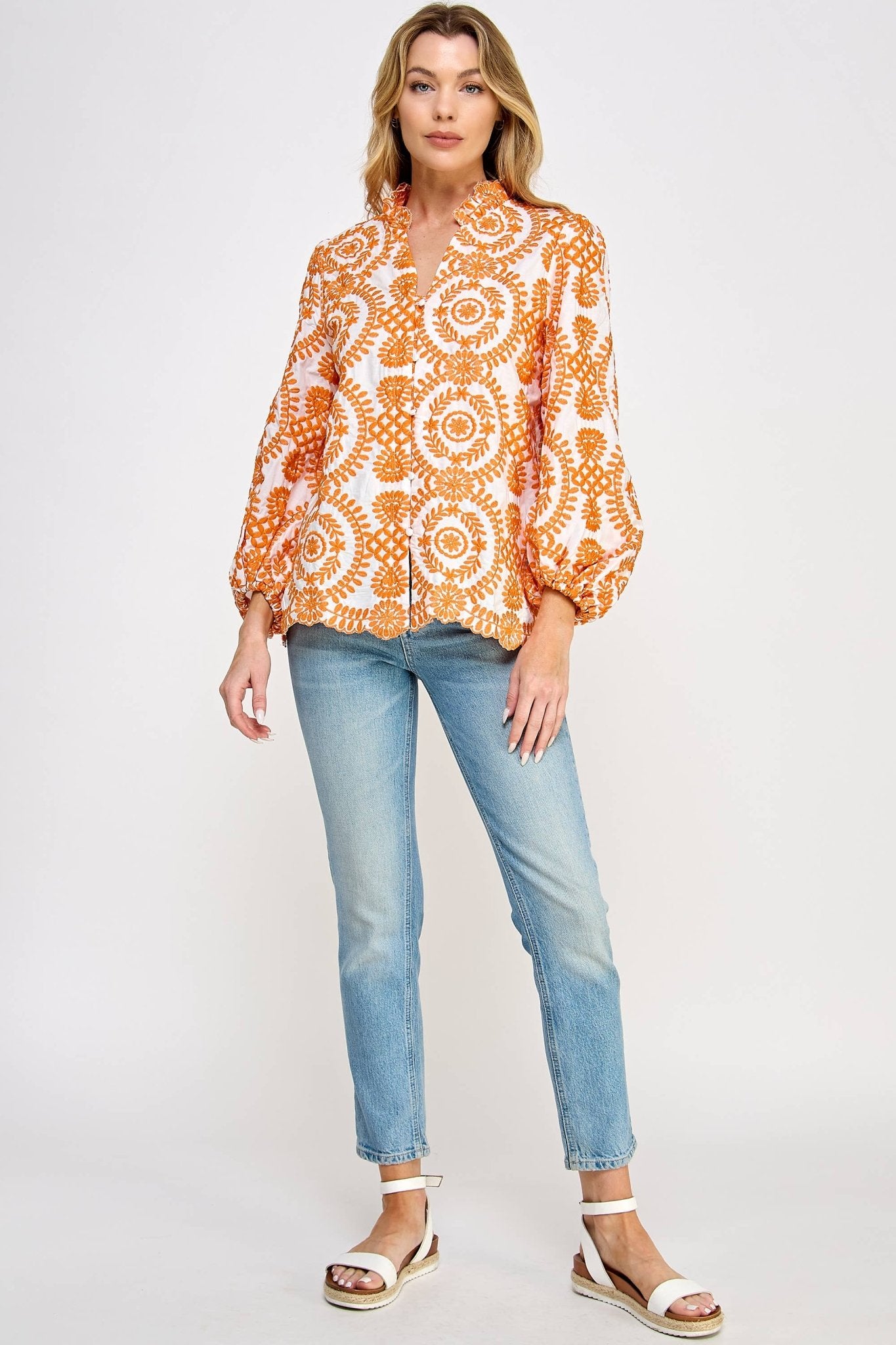 Orange Circle Embroidered Blouse - Purpose + Passion Boutique