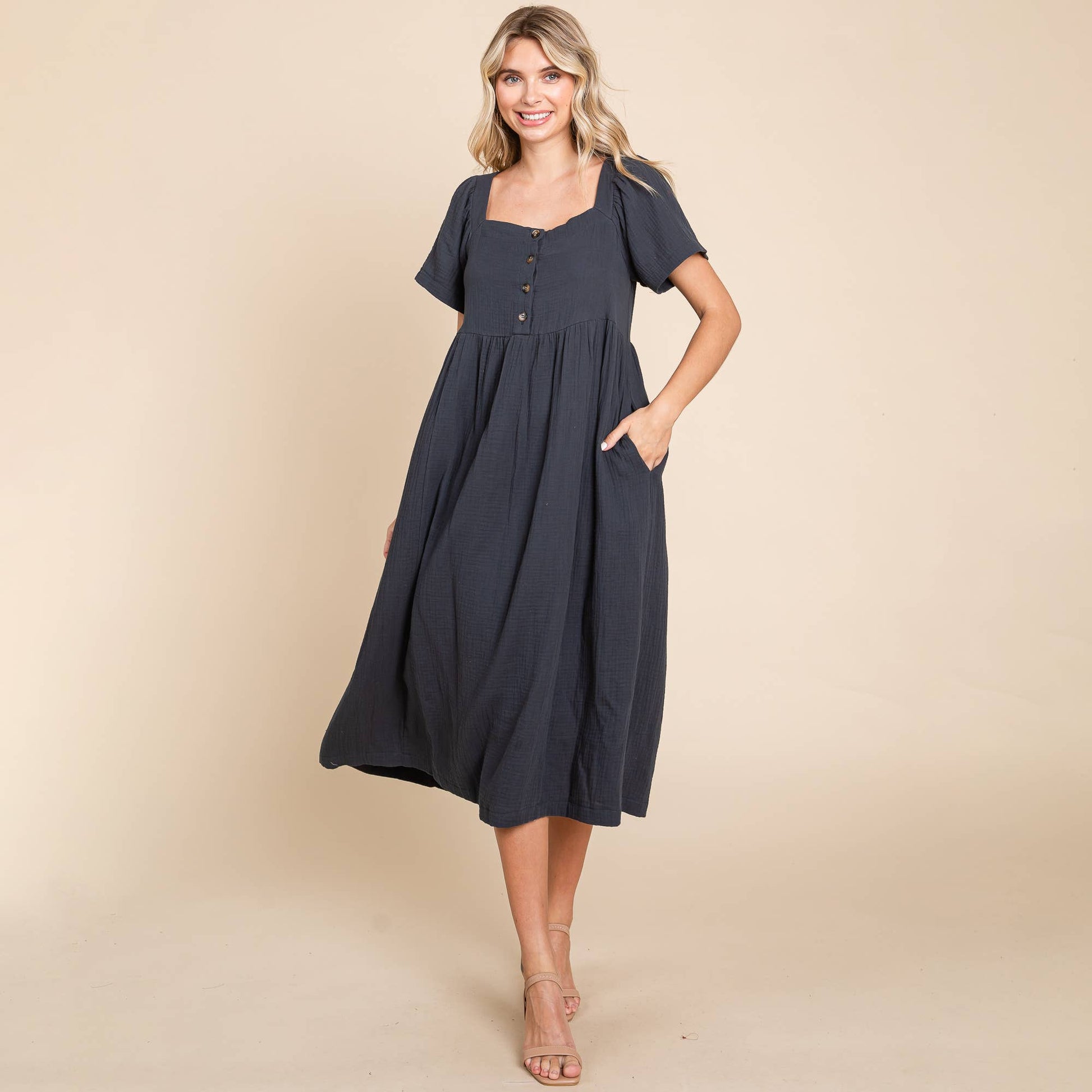 Orion Blue Double Gauze Square Neck Cotton Midi Dress - Purpose + Passion Boutique