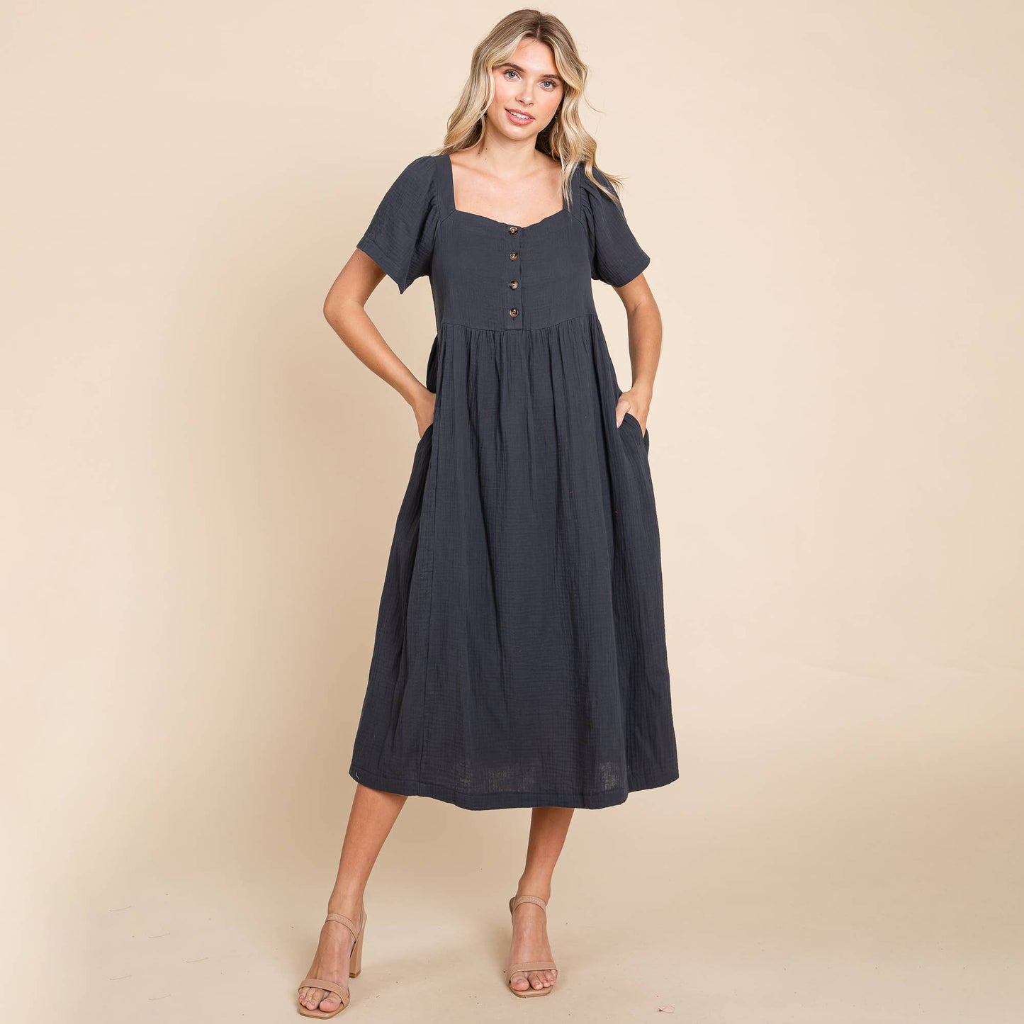 Orion Blue Double Gauze Square Neck Cotton Midi Dress - Purpose + Passion Boutique