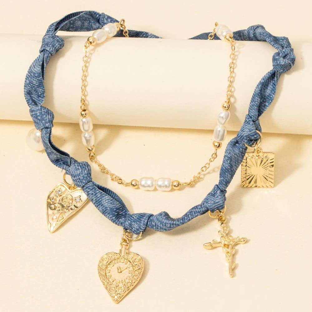 Paisley Denim And Assorted Charms Chain Layered Necklace - Purpose + Passion Boutique