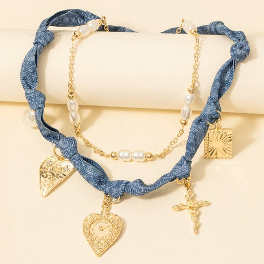 Paisley Denim And Assorted Charms Chain Layered Necklace - Purpose + Passion Boutique