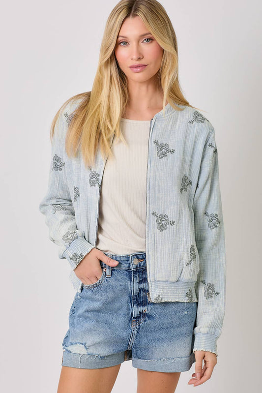 Pale Blue Washed Embroidery Bomber Jacket - Purpose + Passion Boutique