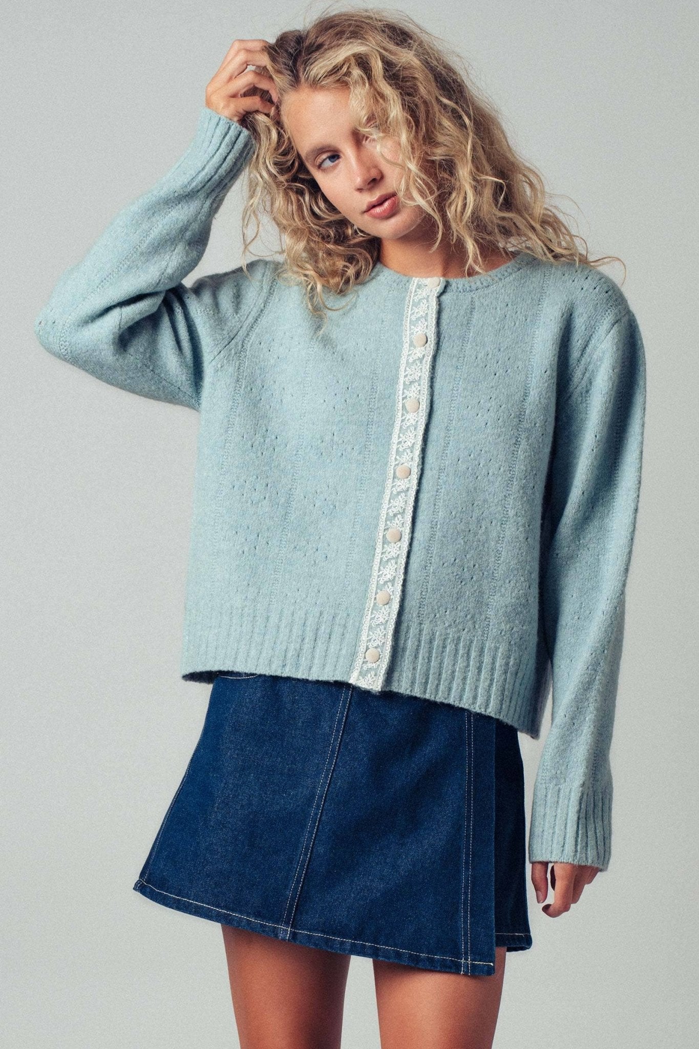 Pastel Blue Lace Trim Wool Blend Cardigan - Purpose + Passion Boutique