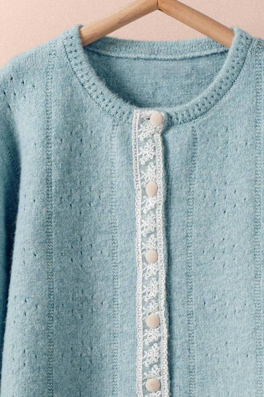 Pastel Blue Lace Trim Wool Blend Cardigan - Purpose + Passion Boutique