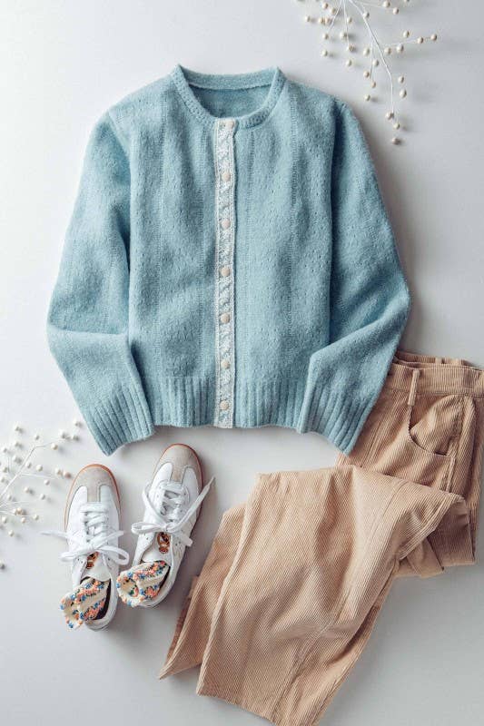 Pastel Blue Lace Trim Wool Blend Cardigan - Purpose + Passion Boutique