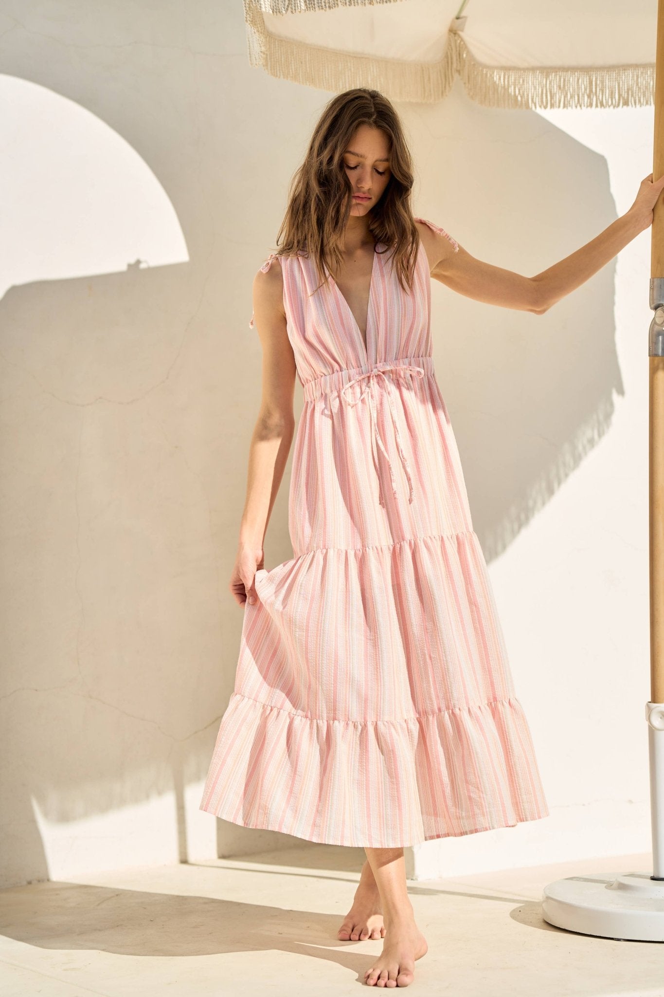 Peach Striped V - Neck Back Tiered Maxi Dress - Purpose + Passion Boutique