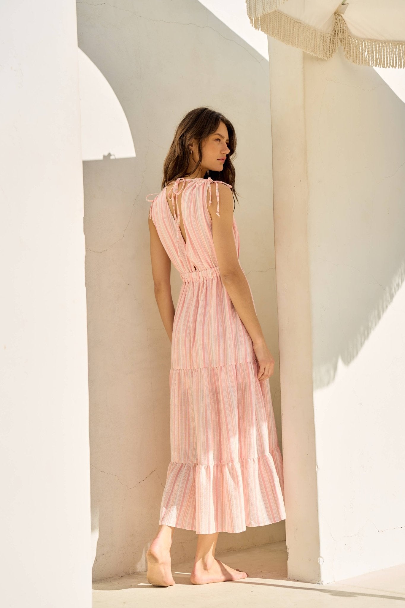 Peach Striped V - Neck Back Tiered Maxi Dress - Purpose + Passion Boutique