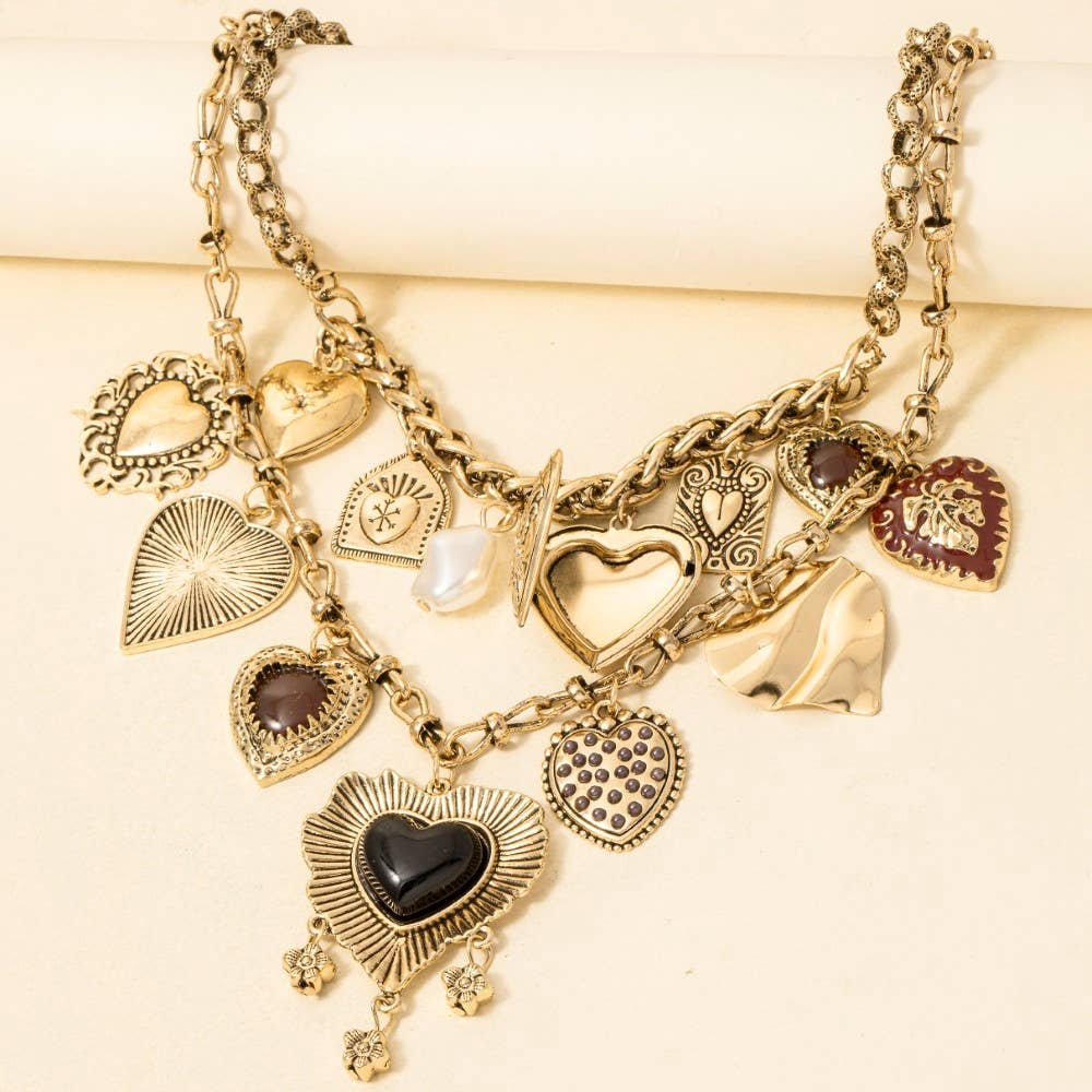 Pearl + Heart Charms Statement Necklace - Purpose + Passion Boutique