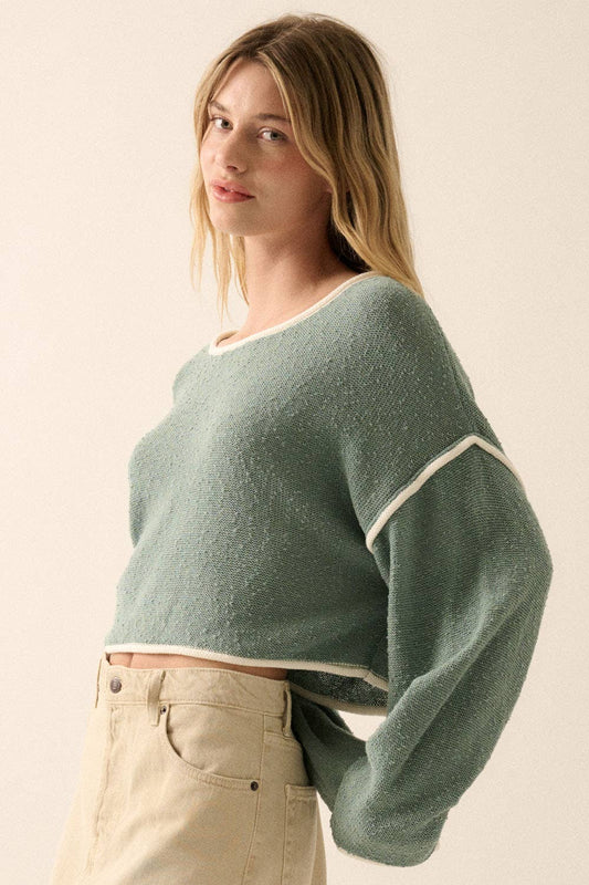 Pine Green Knit Boat Neck Exposed Seam Crop Sweater - Purpose + Passion Boutique
