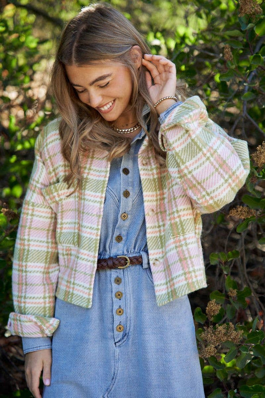 Pink Cropped Plaid Button - Down Jacket - Purpose + Passion Boutique