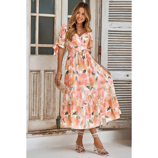 Pink Floral Short Sleeve Tie Cuff Surplice Neck Dress - Purpose + Passion Boutique