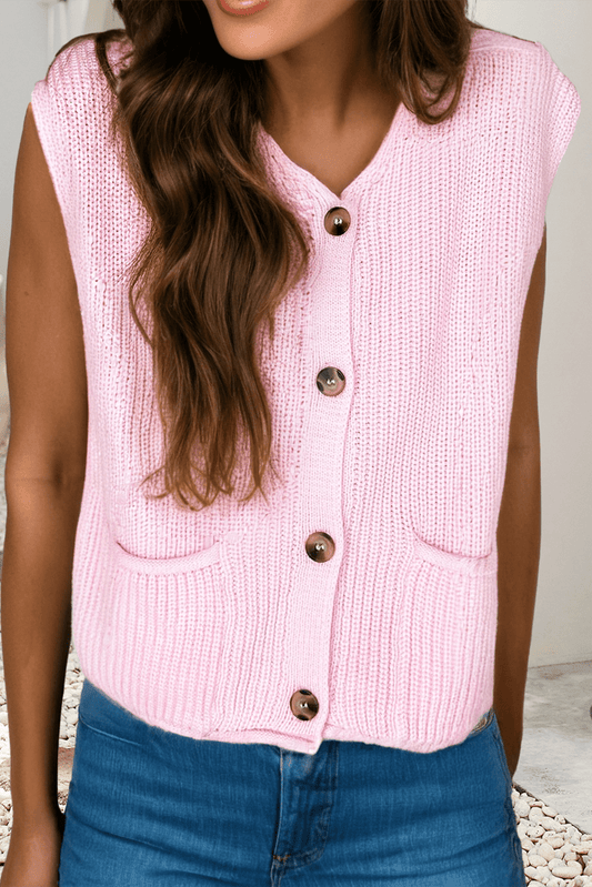 Pink Knit V Neck Button Front Sweater Vest - Purpose + Passion Boutique