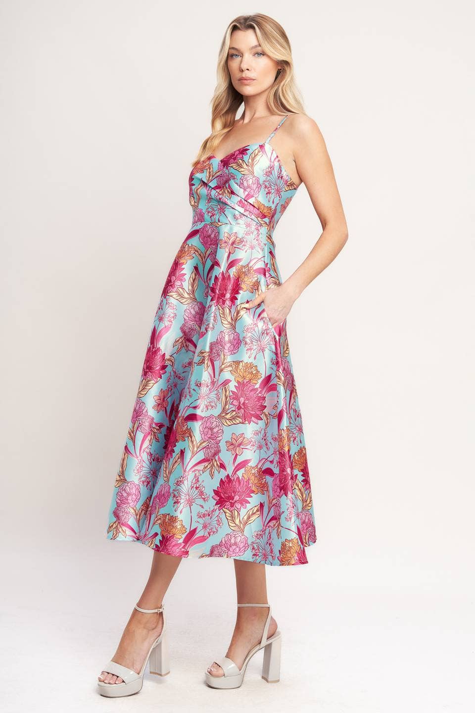Pink & Light Blue Floral Spaghetti Strap Midi Dress - Purpose + Passion Boutique