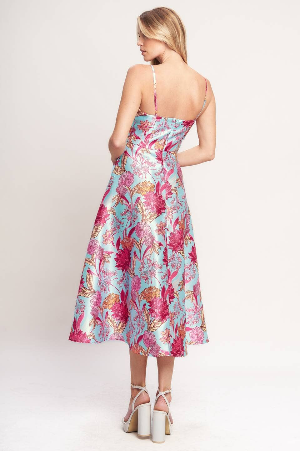 Pink & Light Blue Floral Spaghetti Strap Midi Dress - Purpose + Passion Boutique