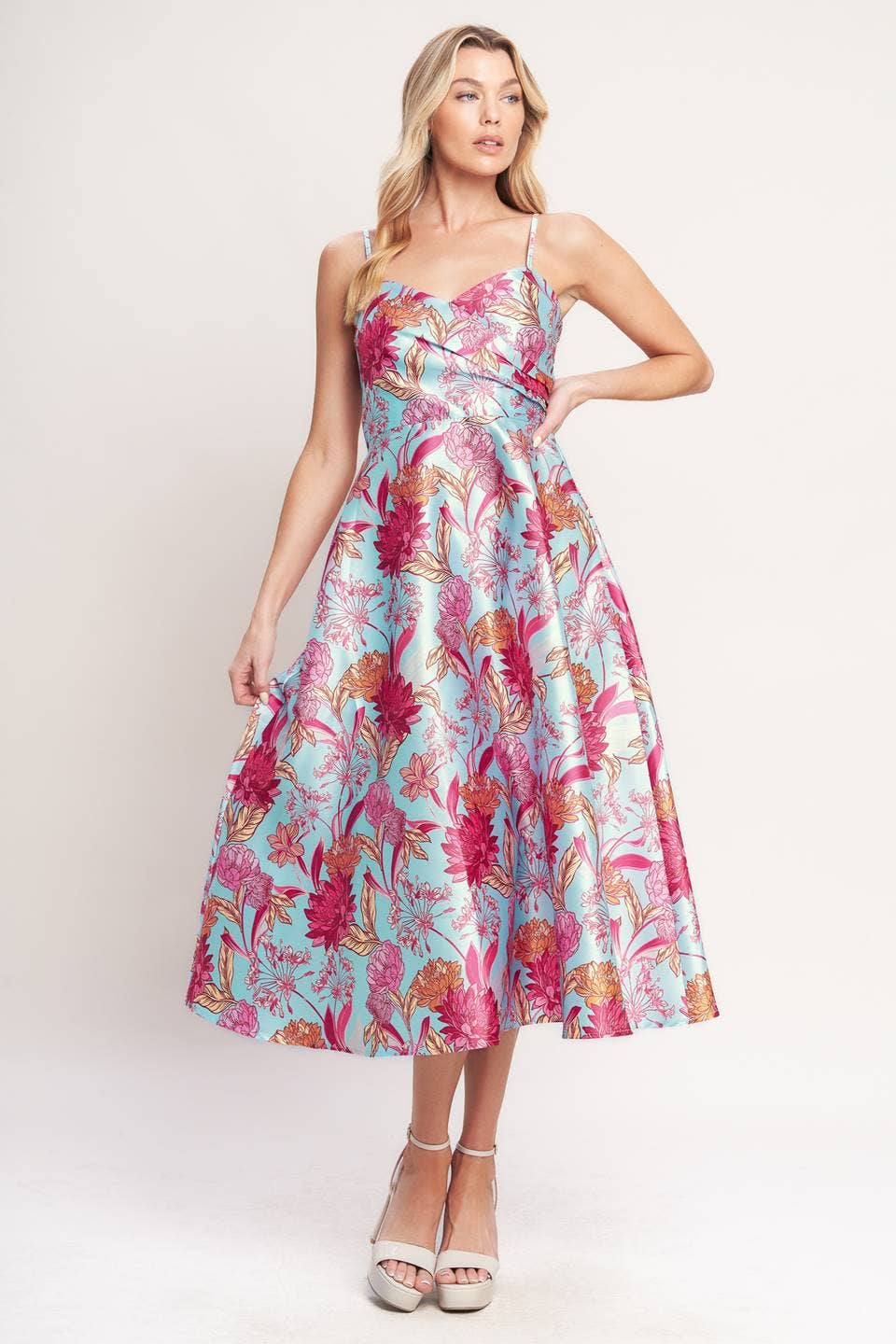 Pink & Light Blue Floral Spaghetti Strap Midi Dress - Purpose + Passion Boutique