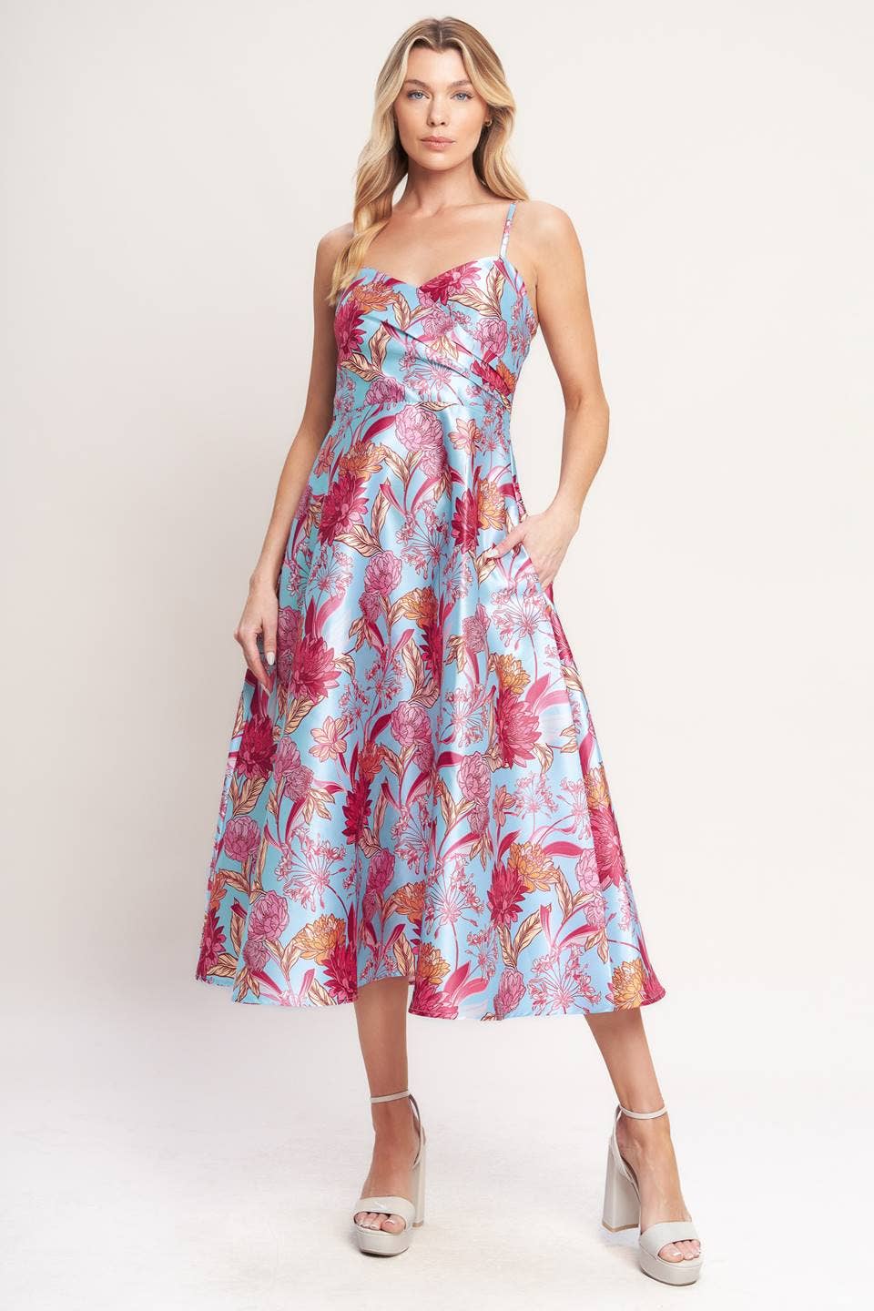 Pink & Light Blue Floral Spaghetti Strap Midi Dress - Purpose + Passion Boutique