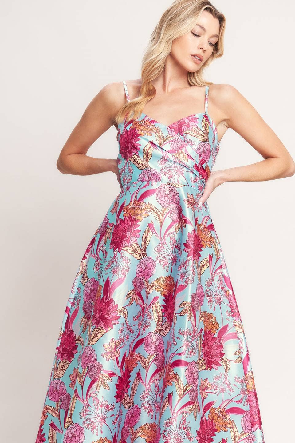 Pink & Light Blue Floral Spaghetti Strap Midi Dress - Purpose + Passion Boutique