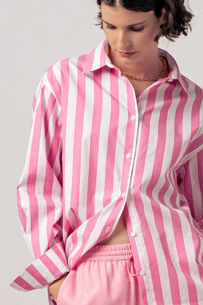 Pink Oversized Stripe Collared Shirt - Purpose + Passion Boutique