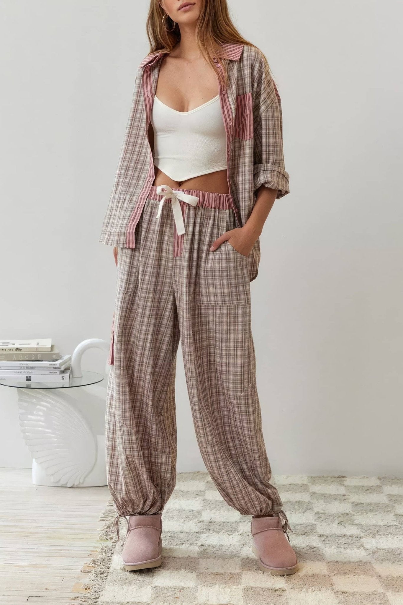 Pink plaid patchwork loose pajama set - Purpose + Passion Boutique