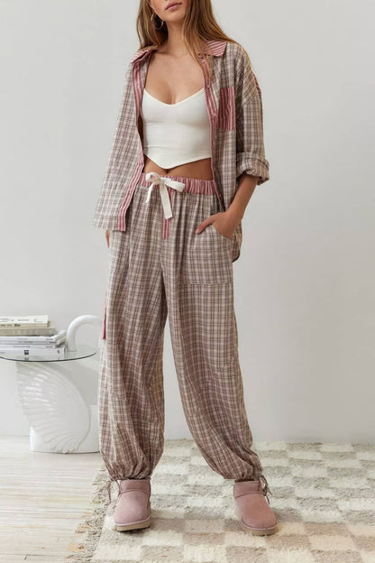 Pink plaid patchwork loose pajama set - Purpose + Passion Boutique