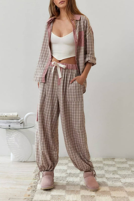 Pink plaid patchwork loose pajama set - Purpose + Passion Boutique