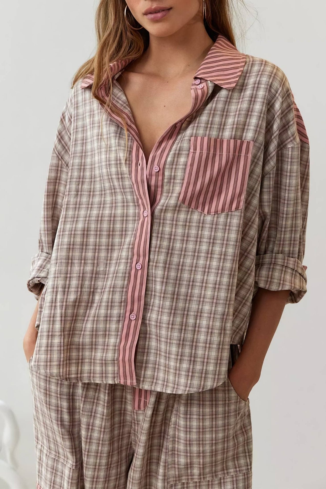 Pink plaid patchwork loose pajama set - Purpose + Passion Boutique