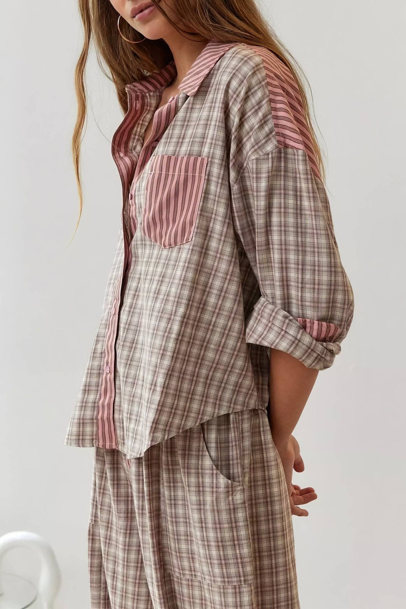 Pink plaid patchwork loose pajama set - Purpose + Passion Boutique