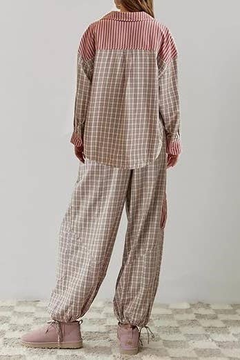 Pink plaid patchwork loose pajama set - Purpose + Passion Boutique