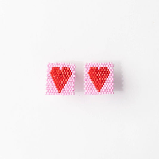 Pink, Red Heart Rectangle Post Beaded Earrings - Purpose + Passion Boutique