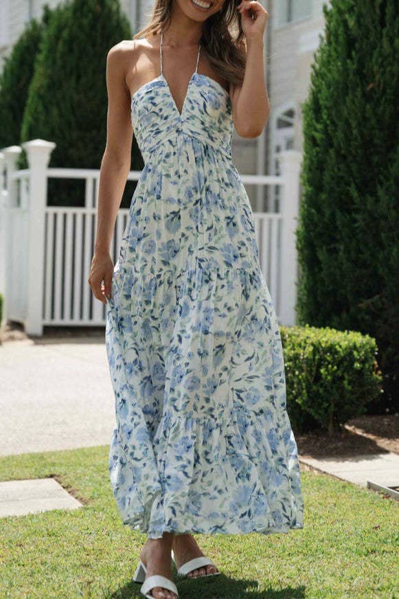 Plunge Halter Backless Floral Maxi Dress - Purpose + Passion Boutique