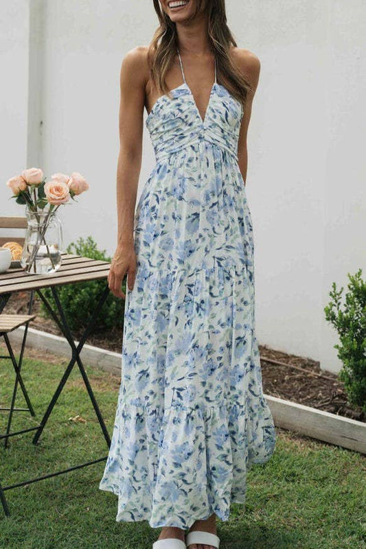 Plunge Halter Backless Floral Maxi Dress - Purpose + Passion Boutique