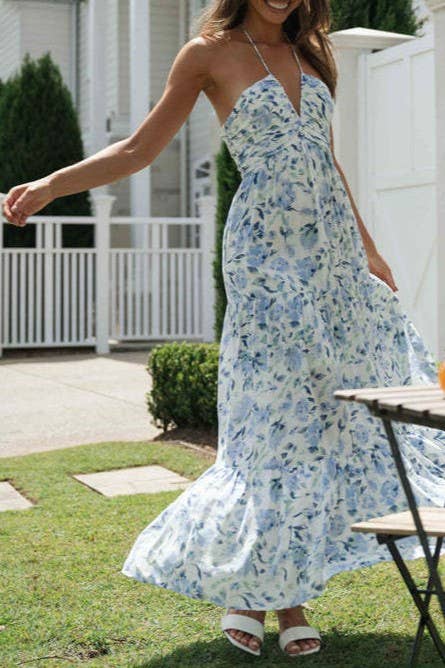 Plunge Halter Backless Floral Maxi Dress - Purpose + Passion Boutique