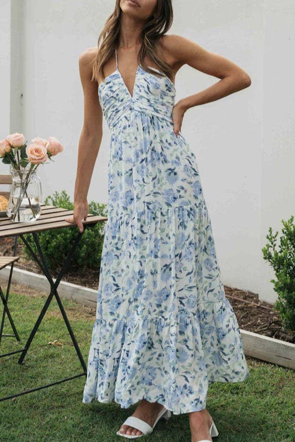 Plunge Halter Backless Floral Maxi Dress - Purpose + Passion Boutique