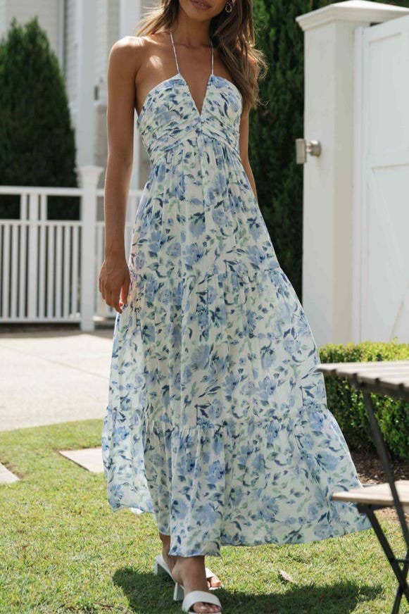 Plunge Halter Backless Floral Maxi Dress - Purpose + Passion Boutique
