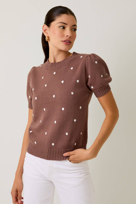 Polka Dot Brown Embroidered Sweater - Purpose + Passion Boutique