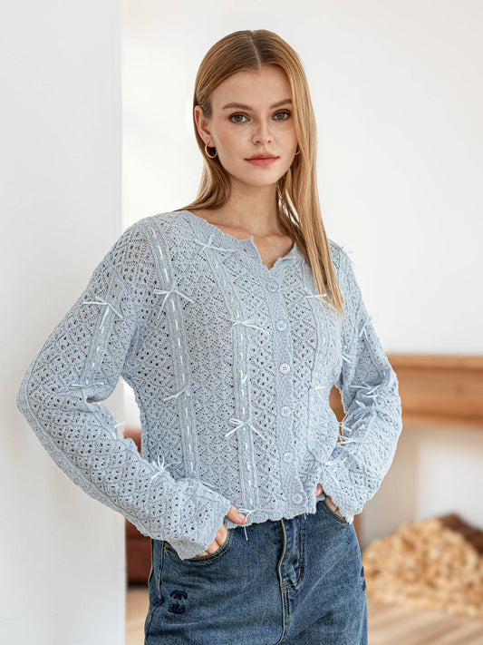 Powder Blue Cardigan with Bow Embellishments - Purpose + Passion Boutique