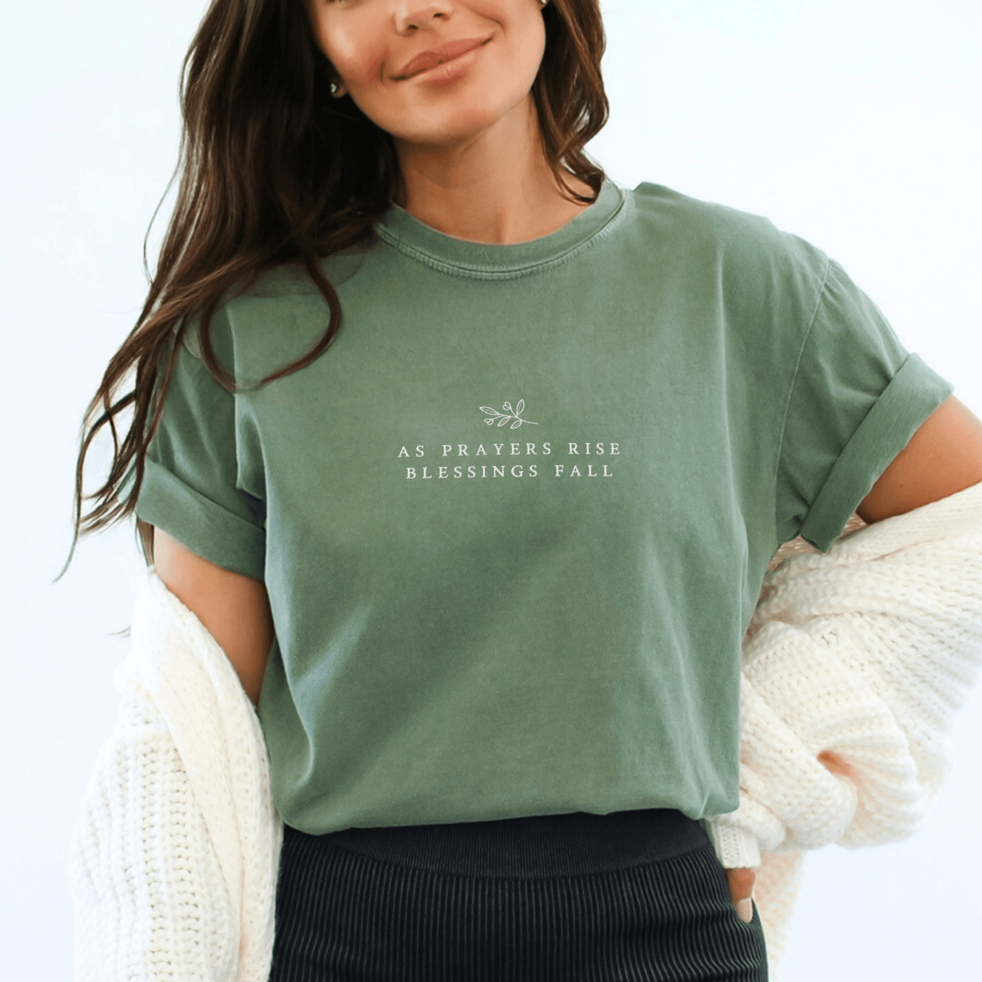 "Prayers Rise Blessings Fall" Moss T-shirt - Purpose + Passion Boutique
