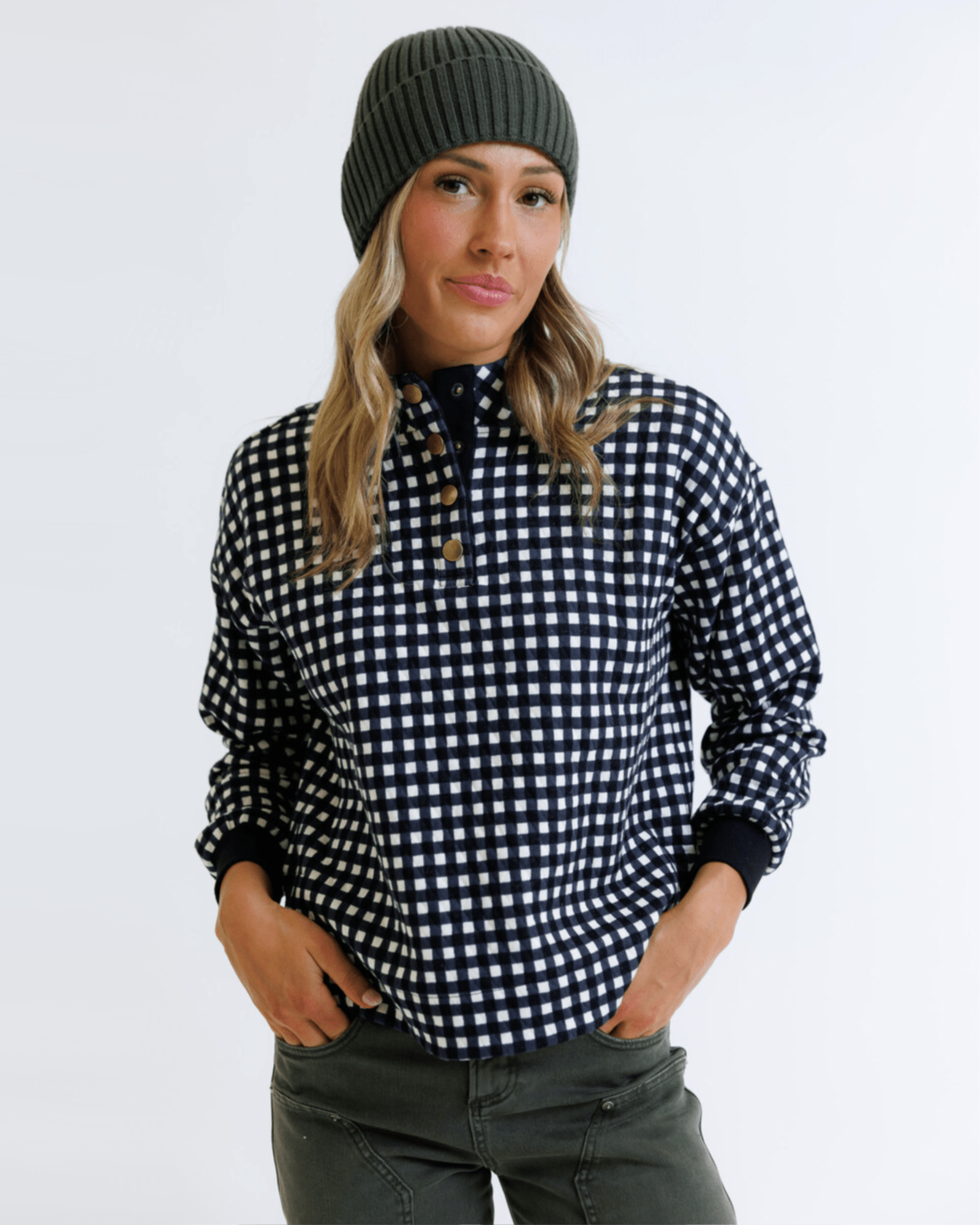 Puffy Gingham Mock Neck Half Button Long Sleeve Pullover - Purpose + Passion Boutique