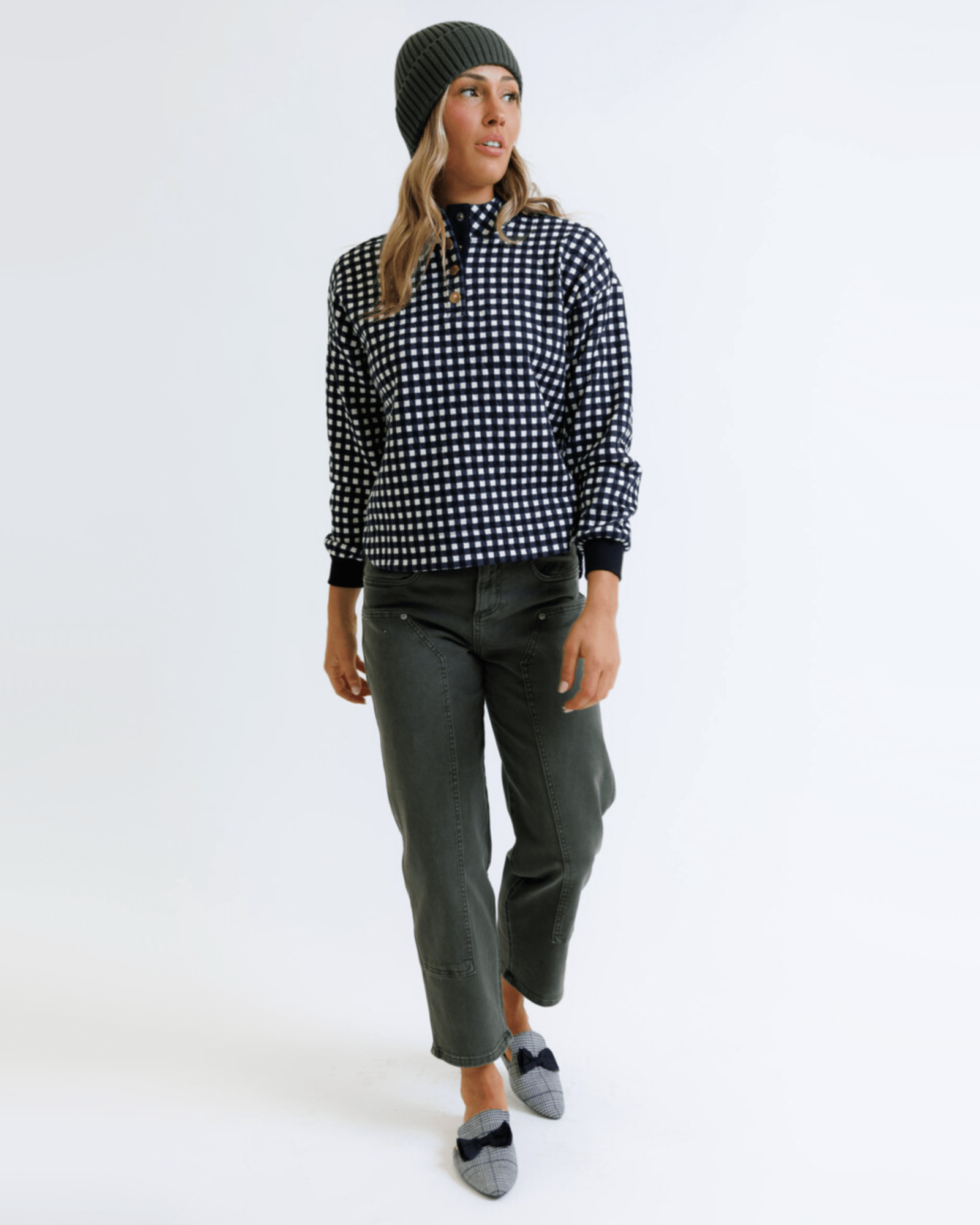 Puffy Gingham Mock Neck Half Button Long Sleeve Pullover - Purpose + Passion Boutique