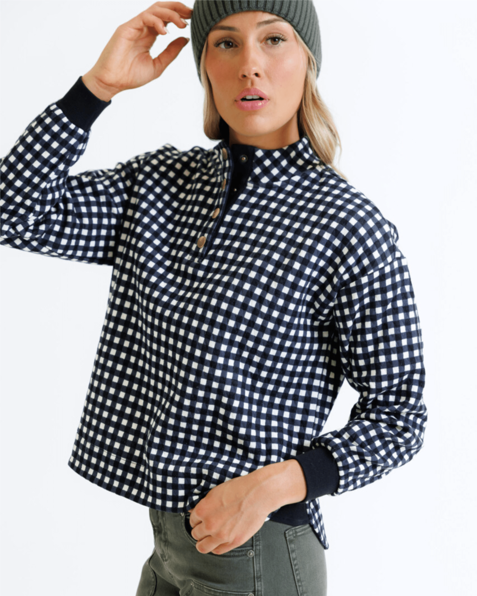 Puffy Gingham Mock Neck Half Button Long Sleeve Pullover - Purpose + Passion Boutique