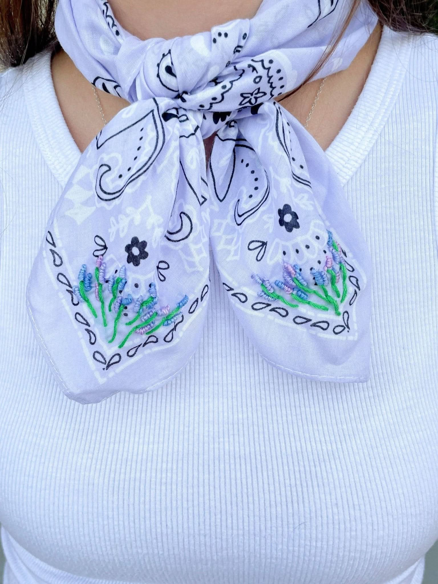 Purple Bandana With Embroidered Lavender Flowers - Purpose + Passion Boutique